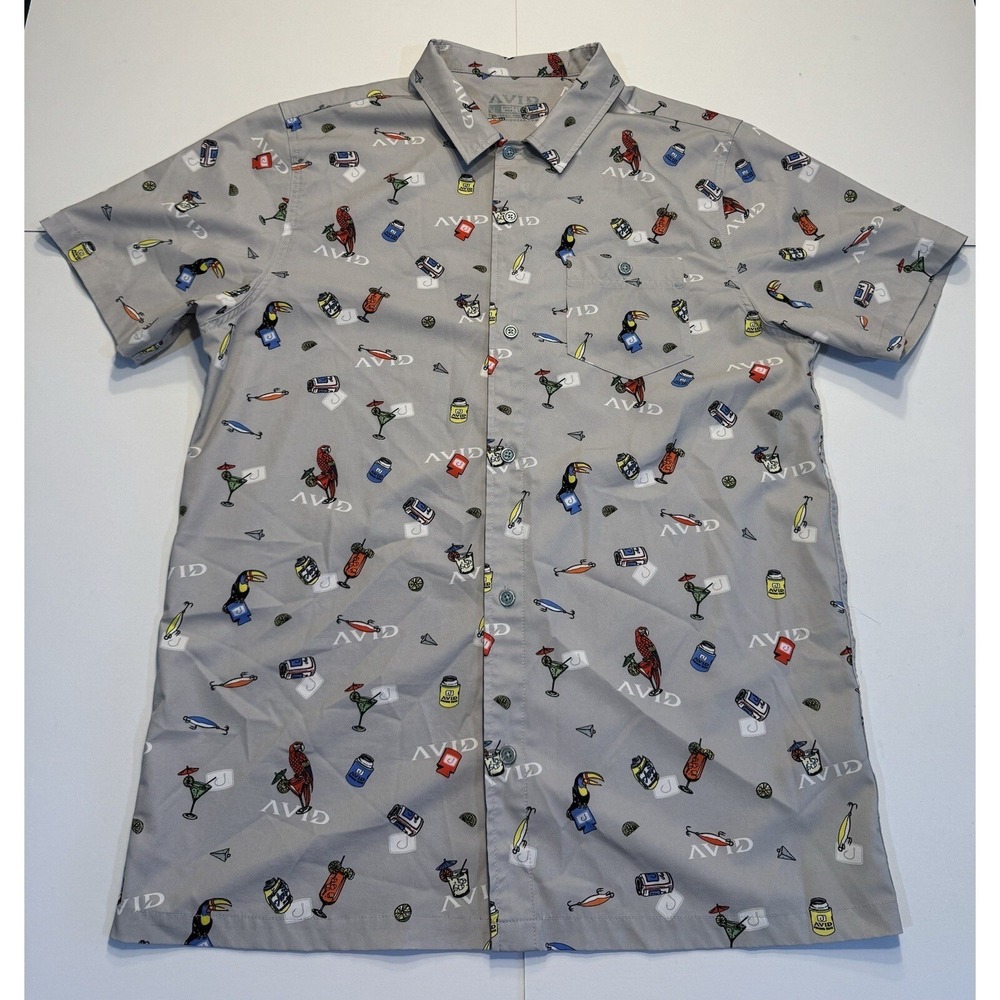 Avid Shirt Men's Large Gray Short Sleeve Button Up Fishing Hiking All Over Print
